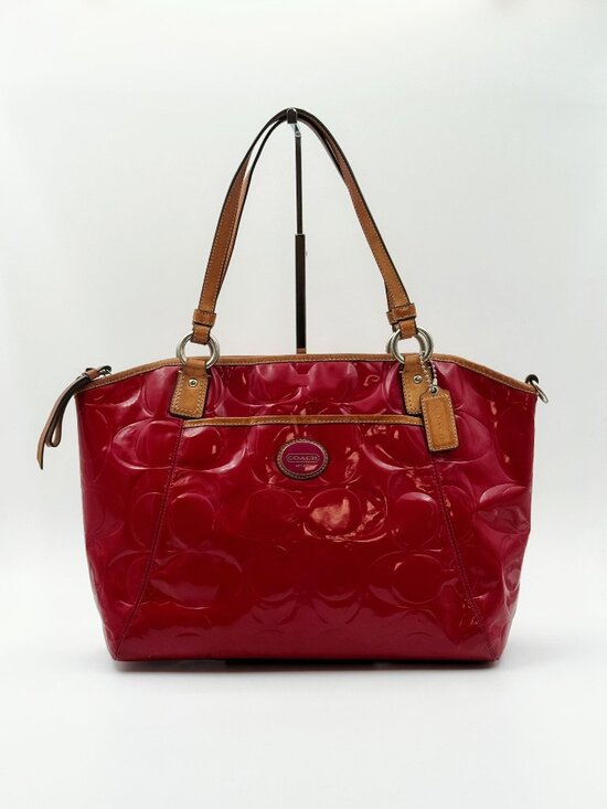 Coach Handbags - Coach Signature Patent Leather Red Tote Shoulder Bag Large w/ Long Strap